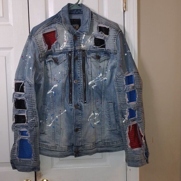 Cooper Rivet distressed denim paint splash jean multi media jacket Sz S - Picture 1 of 11